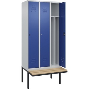 CP, C+P Spind Classic PLUS Sitzbank, 3 Abteile, mittig, lichtgrau / enzianblau, B 900 mm, Zylinderschloss, auskragend, Buche-Hartholz