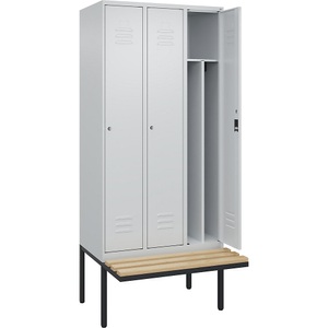C+P Spind Classic PLUS Sitzbank, 3 Abteile, mittig, lichtgrau, B 900 mm, Zylinderschloss, auskragend, Buche-Hartholz