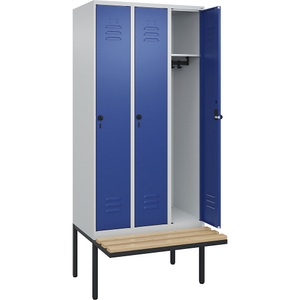C+P Spind Classic PLUS Sitzbank, 3 Abteile, lichtgrau / enzianblau, B 900 mm, Sicherheits-Drehriegel, auskragend, Buche-Hartholz