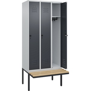 C+P Spind Classic PLUS Sitzbank, 3 Abteile, lichtgrau / grau, B 900 mm, Sicherheits-Drehriegel, auskragend, Buche-Hartholz