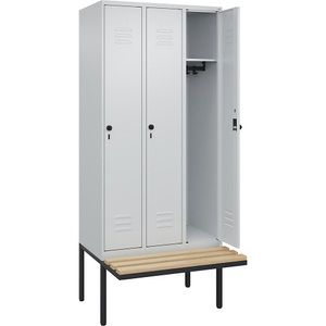 C+P Spind Classic PLUS Sitzbank, 3 Abteile, lichtgrau, B 900 mm, Sicherheits-Drehriegel, auskragend, Buche-Hartholz