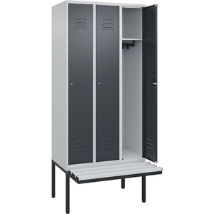 C+P Spind Classic PLUS Sitzbank, 3 Abteile, lichtgrau / grau, B 900 mm, Zylinderschloss, auskragend, Kunststoff