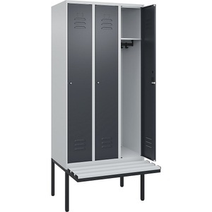 CP, C+P Spind Classic PLUS Sitzbank, 3 Abteile, lichtgrau / grau, B 900 mm, Zylinderschloss, auskragend, Kunststoff