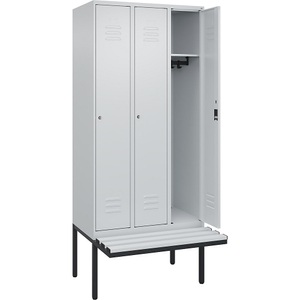 C+P Spind Classic PLUS Sitzbank, 3 Abteile, lichtgrau, B 900 mm, Zylinderschloss, auskragend, Kunststoff
