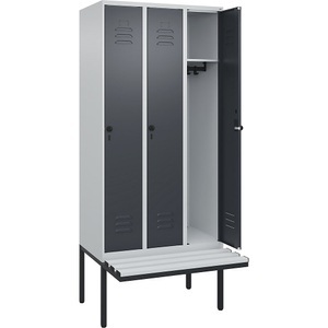 C+P Spind Classic PLUS Sitzbank, 3 Abteile, lichtgrau / grau, B 900 mm, Sicherheits-Drehriegel, auskragend, Kunststoff
