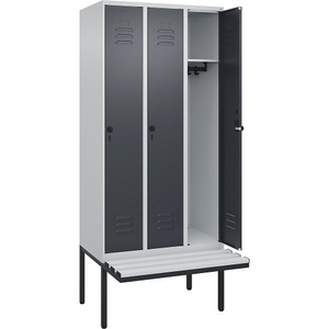 CP, C+P Spind Classic PLUS Sitzbank, 3 Abteile, lichtgrau / grau, B 900 mm, Sicherheits-Drehriegel, auskragend, Kunststoff