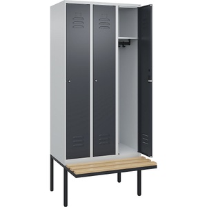 C+P Spind Classic PLUS Sitzbank, 3 Abteile, lichtgrau / grau, B 900 mm, Zylinderschloss, auskragend, Buche-Hartholz
