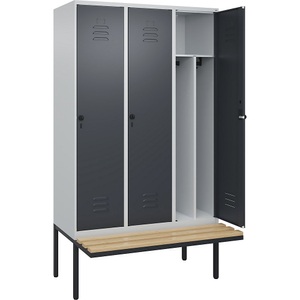 C+P Spind Classic PLUS Sitzbank, 3 Abteile, mittig, lichtgrau / grau, B 1200 mm, Sicherheits-Drehriegel, auskragend, Buche-Hartholz