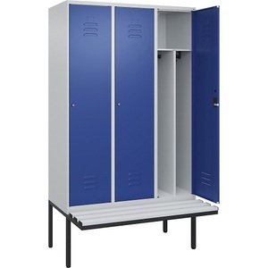 CP, C+P Spind Classic PLUS Sitzbank, 3 Abteile, mittig, lichtgrau / enzianblau, B 1200 mm, Zylinderschloss, auskragend, Kunststoff