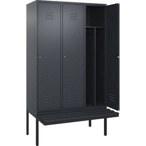 C+P Spind Classic PLUS Sitzbank, 3 Abteile, mittig, grau, B 1200 mm, Zylinderschloss, auskragend, Kunststoff