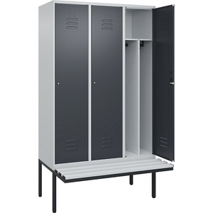 C+P Spind Classic PLUS Sitzbank, 3 Abteile, mittig, lichtgrau / grau, B 1200 mm, Zylinderschloss, auskragend, Kunststoff