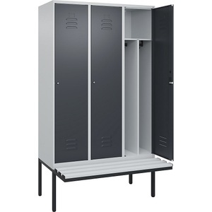 CP, C+P Spind Classic PLUS Sitzbank, 3 Abteile, mittig, lichtgrau / grau, B 1200 mm, Zylinderschloss, auskragend, Kunststoff