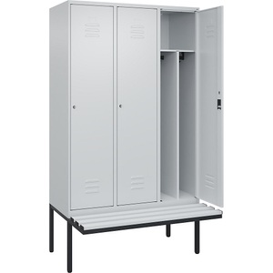 C+P Spind Classic PLUS Sitzbank, 3 Abteile, mittig, lichtgrau, B 1200 mm, Zylinderschloss, auskragend, Kunststoff