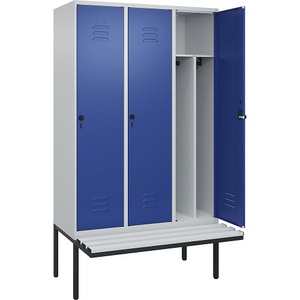 C+P Spind Classic PLUS Sitzbank, 3 Abteile, mittig, lichtgrau / enzianblau, B 1200 mm, Sicherheits-Drehriegel, auskragend, Kunststoff