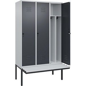 C+P Spind Classic PLUS Sitzbank, 3 Abteile, mittig, lichtgrau / grau, B 1200 mm, Sicherheits-Drehriegel, auskragend, Kunststoff