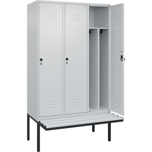 CP, C+P Spind Classic PLUS Sitzbank, 3 Abteile, mittig, lichtgrau, B 1200 mm, Sicherheits-Drehriegel, auskragend, Kunststoff