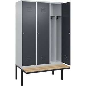 C+P Spind Classic PLUS Sitzbank, 3 Abteile, mittig, lichtgrau / grau, B 1200 mm, Zylinderschloss, auskragend, Buche-Hartholz