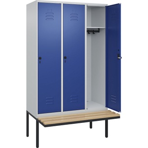 C+P Spind Classic PLUS Sitzbank, 3 Abteile, lichtgrau / enzianblau, B 1200 mm, Sicherheits-Drehriegel, auskragend, Buche-Hartholz