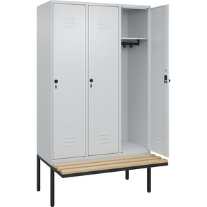 C+P Spind Classic PLUS Sitzbank, 3 Abteile, lichtgrau, B 1200 mm, Sicherheits-Drehriegel, auskragend, Buche-Hartholz