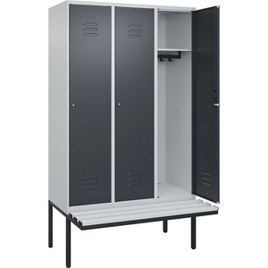 CP, C+P Spind Classic PLUS Sitzbank, 3 Abteile, lichtgrau / grau, B 1200 mm, Zylinderschloss, auskragend, Kunststoff