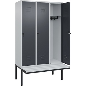 C+P Spind Classic PLUS Sitzbank, 3 Abteile, lichtgrau / grau, B 1200 mm, Sicherheits-Drehriegel, auskragend, Kunststoff