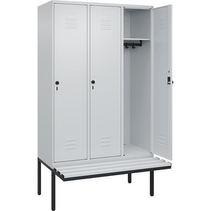 CP, C+P Spind Classic PLUS Sitzbank, 3 Abteile, lichtgrau, B 1200 mm, Sicherheits-Drehriegel, auskragend, Kunststoff
