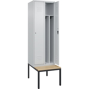 C+P Spind Classic PLUS Sitzbank, 2 Abteile, mittig, lichtgrau, B 600 mm, Zylinderschloss, untergebaut, Buche-Hartholz