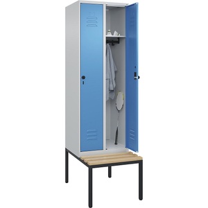 C+P Spind Classic PLUS Sitzbank, 2 Abteile, lichtgrau / lichtblau, B 600 mm, Sicherheits-Drehriegel, untergebaut, Buche-Hartholz
