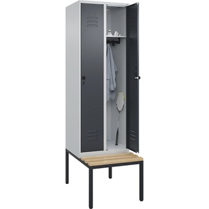 C+P Spind Classic PLUS Sitzbank, 2 Abteile, lichtgrau / grau, B 600 mm, Sicherheits-Drehriegel, untergebaut, Buche-Hartholz