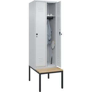 C+P Spind Classic PLUS Sitzbank, 2 Abteile, lichtgrau, B 600 mm, Sicherheits-Drehriegel, untergebaut, Buche-Hartholz