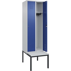 C+P Spind Classic PLUS Sitzbank, 2 Abteile, lichtgrau / enzianblau, B 600 mm, Zylinderschloss, untergebaut, Kunststoff