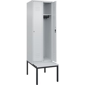 C+P Spind Classic PLUS Sitzbank, 2 Abteile, lichtgrau, B 600 mm, Zylinderschloss, untergebaut, Kunststoff