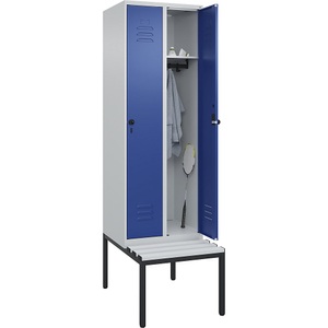 C+P Spind Classic PLUS Sitzbank, 2 Abteile, lichtgrau / enzianblau, B 600 mm, Sicherheits-Drehriegel, untergebaut, Kunststoff