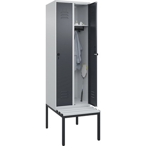 C+P Spind Classic PLUS Sitzbank, 2 Abteile, lichtgrau / grau, B 600 mm, Sicherheits-Drehriegel, untergebaut, Kunststoff