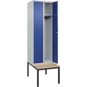 C+P Spind Classic PLUS Sitzbank, 2 Abteile, lichtgrau / enzianblau, B 600 mm, Zylinderschloss, untergebaut, Buche-Hartholz
