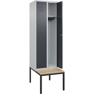 C+P Spind Classic PLUS Sitzbank, 2 Abteile, lichtgrau / grau, B 600 mm, Zylinderschloss, untergebaut, Buche-Hartholz