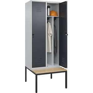 C+P Spind Classic PLUS Sitzbank, 2 Abteile, mittig, lichtgrau / grau, B 800 mm, Sicherheits-Drehriegel, untergebaut, Buche-Hartholz