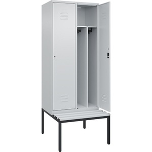 C+P Spind Classic PLUS Sitzbank, 2 Abteile, mittig, lichtgrau, B 800 mm, Zylinderschloss, untergebaut, Kunststoff