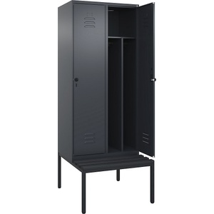 C+P Spind Classic PLUS Sitzbank, 2 Abteile, mittig, grau, B 800 mm, Sicherheits-Drehriegel, untergebaut, Kunststoff