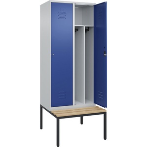 C+P Spind Classic PLUS Sitzbank, 2 Abteile, mittig, lichtgrau / enzianblau, B 800 mm, Zylinderschloss, untergebaut, Buche-Hartholz