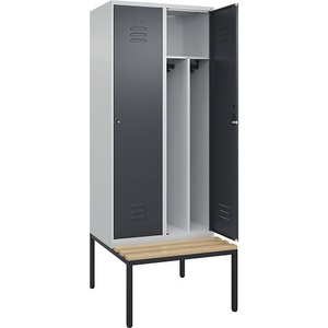 C+P Spind Classic PLUS Sitzbank, 2 Abteile, mittig, lichtgrau / grau, B 800 mm, Zylinderschloss, untergebaut, Buche-Hartholz
