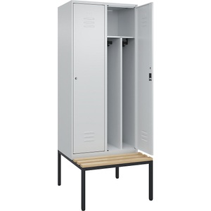 C+P Spind Classic PLUS Sitzbank, 2 Abteile, mittig, lichtgrau, B 800 mm, Zylinderschloss, untergebaut, Buche-Hartholz