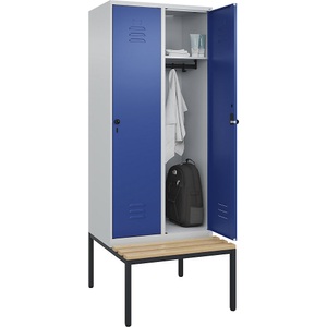 C+P Spind Classic PLUS Sitzbank, 2 Abteile, lichtgrau / enzianblau, B 800 mm, Sicherheits-Drehriegel, untergebaut, Buche-Hartholz