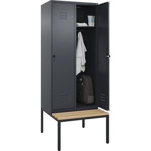 C+P Spind Classic PLUS Sitzbank, 2 Abteile, grau, B 800 mm, Sicherheits-Drehriegel, untergebaut, Buche-Hartholz