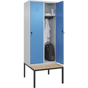 C+P Spind Classic PLUS Sitzbank, 2 Abteile, lichtgrau / lichtblau, B 800 mm, Sicherheits-Drehriegel, untergebaut, Buche-Hartholz