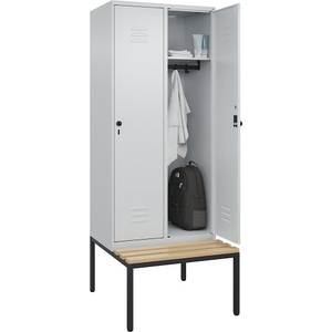 C+P Spind Classic PLUS Sitzbank, 2 Abteile, lichtgrau, B 800 mm, Sicherheits-Drehriegel, untergebaut, Buche-Hartholz