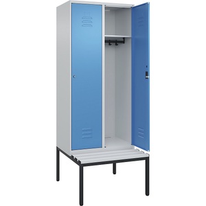 C+P Spind Classic PLUS Sitzbank, 2 Abteile, lichtgrau / lichtblau, B 800 mm, Zylinderschloss, untergebaut, Kunststoff