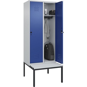 C+P Spind Classic PLUS Sitzbank, 2 Abteile, lichtgrau / enzianblau, B 800 mm, Sicherheits-Drehriegel, untergebaut, Kunststoff