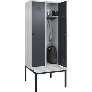 C+P Spind Classic PLUS Sitzbank, 2 Abteile, lichtgrau / grau, B 800 mm, Sicherheits-Drehriegel, untergebaut, Kunststoff