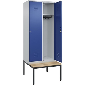 C+P Spind Classic PLUS Sitzbank, 2 Abteile, lichtgrau / enzianblau, B 800 mm, Zylinderschloss, untergebaut, Buche-Hartholz